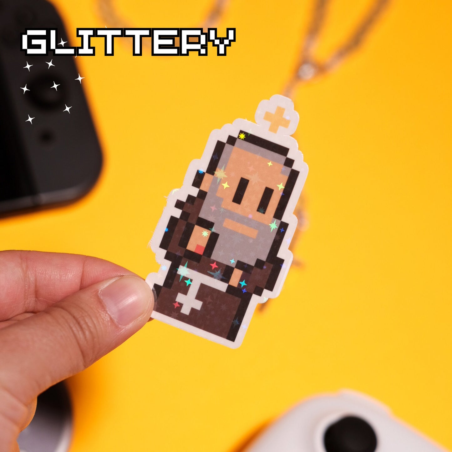 Glittery Padre Pio Video Game Sticker