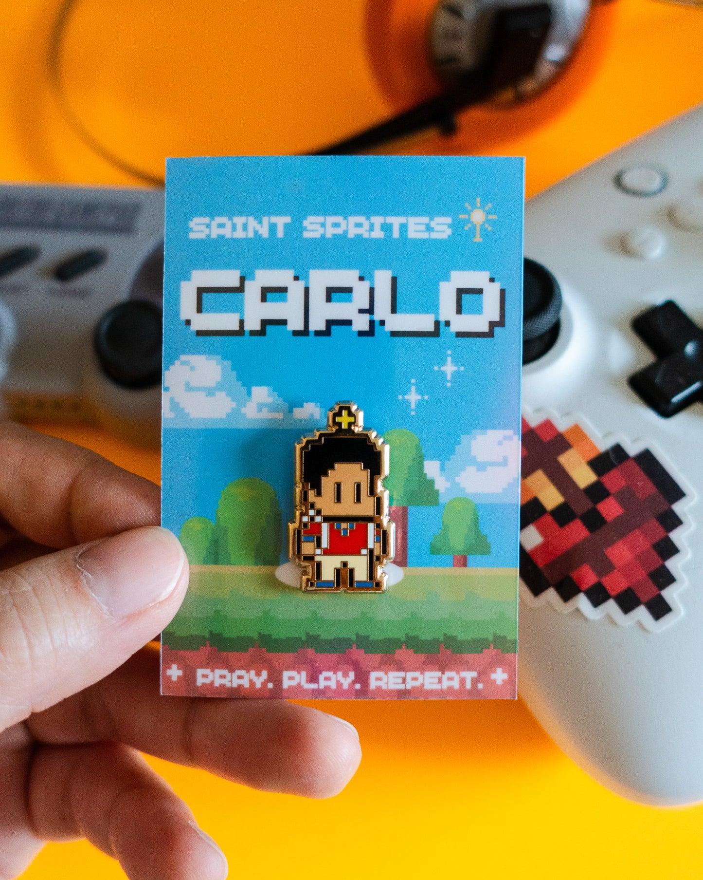 Saint Carlo Acutis Retro Video Game Enamel Pin