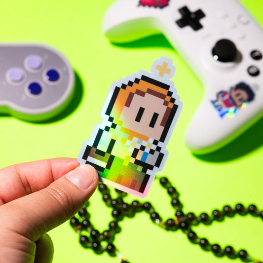 St. Dymphna Retro Holographic Video Game Sticker